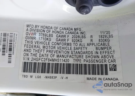 2021 Honda Civic Sport из США, поврежденный, VIN 2HGFC2F84MH511420